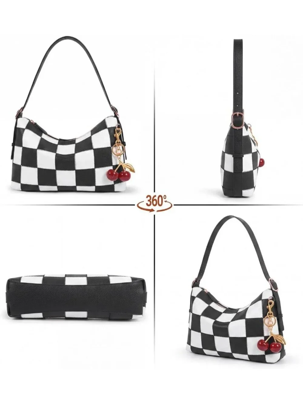 Cute Checkered Vegan Leather Hobo Bag for Women - Cherry Shoulder Purse